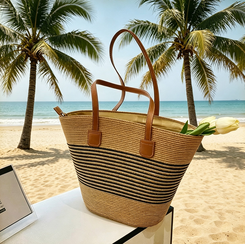Beach Bag Straw - CLAREGQI Kadın Çizgili Hasır Çanta, Büyük