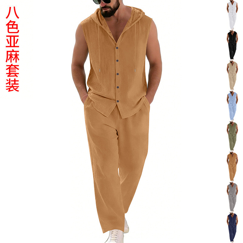 Summer Clothing Mens - Erkek Günlük Keten Takım Elbise Kapüşonlu