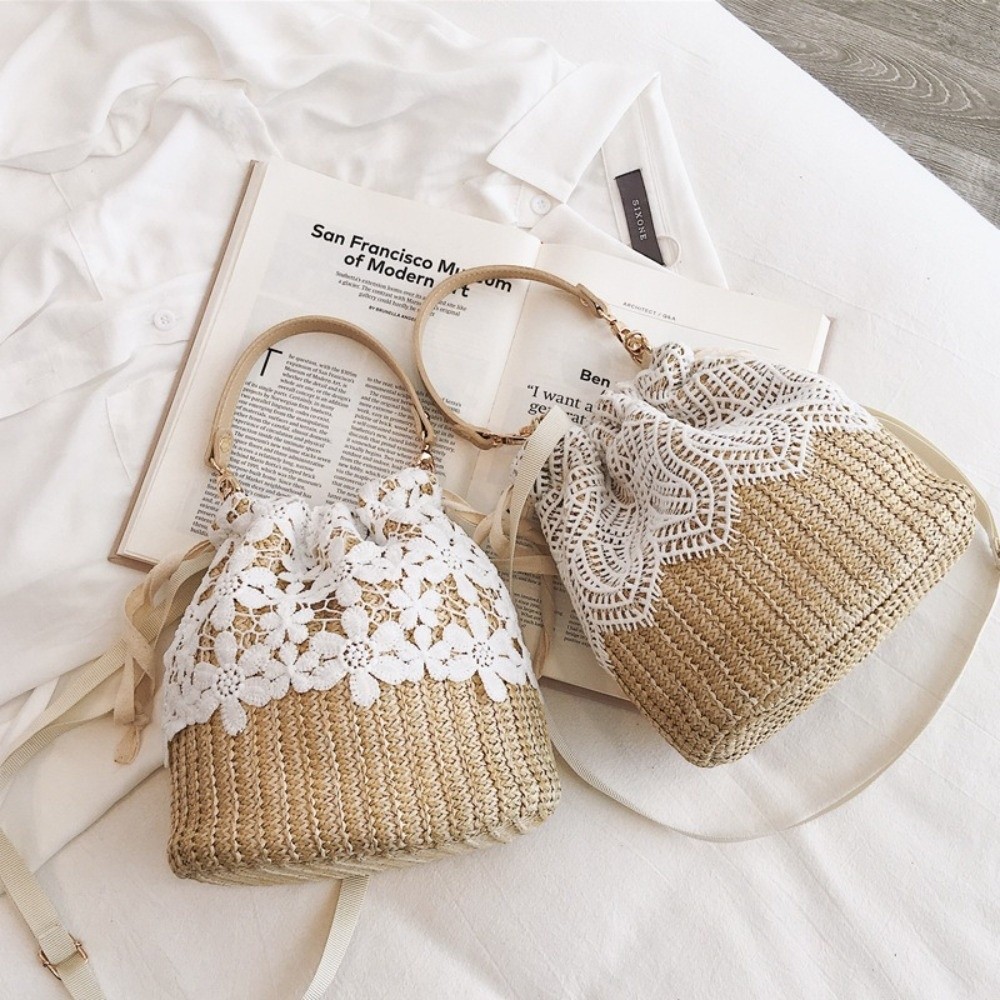 Beach Bag Straw - Vintage Dantel Hasır Omuz Çantası Bohem