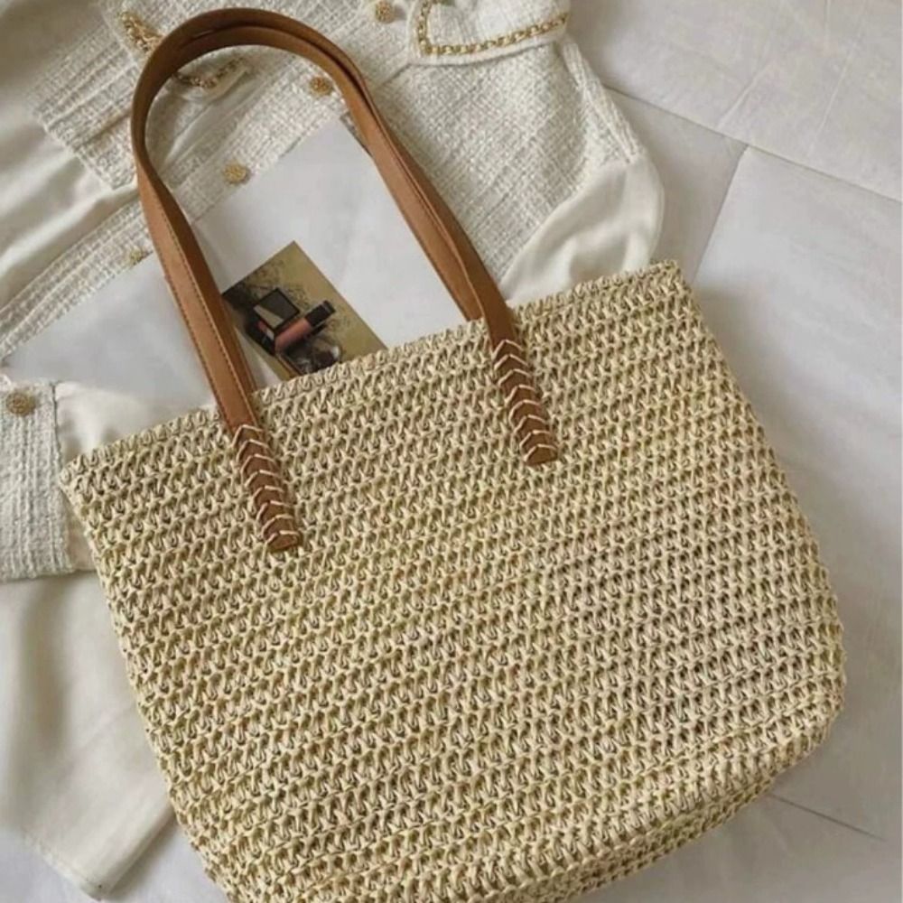 Beach Bag Straw - Sevimli Düz Renkli Hasır Örgü Çanta