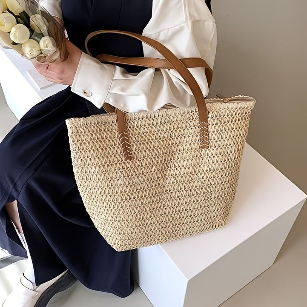 Moda Düz Renk Örgü Hasır Tote  - Beach Bag Straw incelemesi ve fiyatı